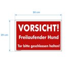 Hundewarnschilder - Vorsicht! Freilaufender Hund. Tor bitte geschlossen halten - Warnung vor dem Hund Schild Warnhinweis 20 x 30 cm