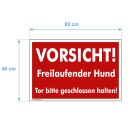 Hundewarnschilder - Vorsicht! Freilaufender Hund. Tor bitte geschlossen halten - Warnung vor dem Hund Schild Warnhinweis 40 x 60 cm