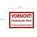 Hundewarnschilder - Vorsicht! Freilaufender Hund. Tor bitte geschlossen halten - Warnung vor dem Hund Schild Warnhinweis 20 x 30 cm