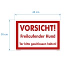 Hundewarnschilder - Vorsicht! Freilaufender Hund. Tor bitte geschlossen halten - Warnung vor dem Hund Schild Warnhinweis 30 x 45 cm gelocht