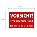 Hundewarnschilder - Vorsicht! Freilaufender Hund. Betreten auf eigene Gefahr! - Warnung vor dem Hund Schild Warnhinweis 20 x 30 cm gelocht & Kit