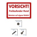 Hundewarnschilder - Vorsicht! Freilaufender Hund. Betreten auf eigene Gefahr! - Warnung vor dem Hund Schild Warnhinweis 30 x 45 cm gelocht & Kit