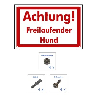 Hundewarnschilder - Achtung! Freilaufender Hund - Warnung vor dem Hund Schild Warnhinweis 20 x 30 cm gelocht & Kit