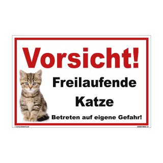 Kleberio® Katzenschild Kunststoff - Vorsicht Freilaufende Katze! Betreten auf eigene Gefahr! -  30 x 20 cm Warnschild